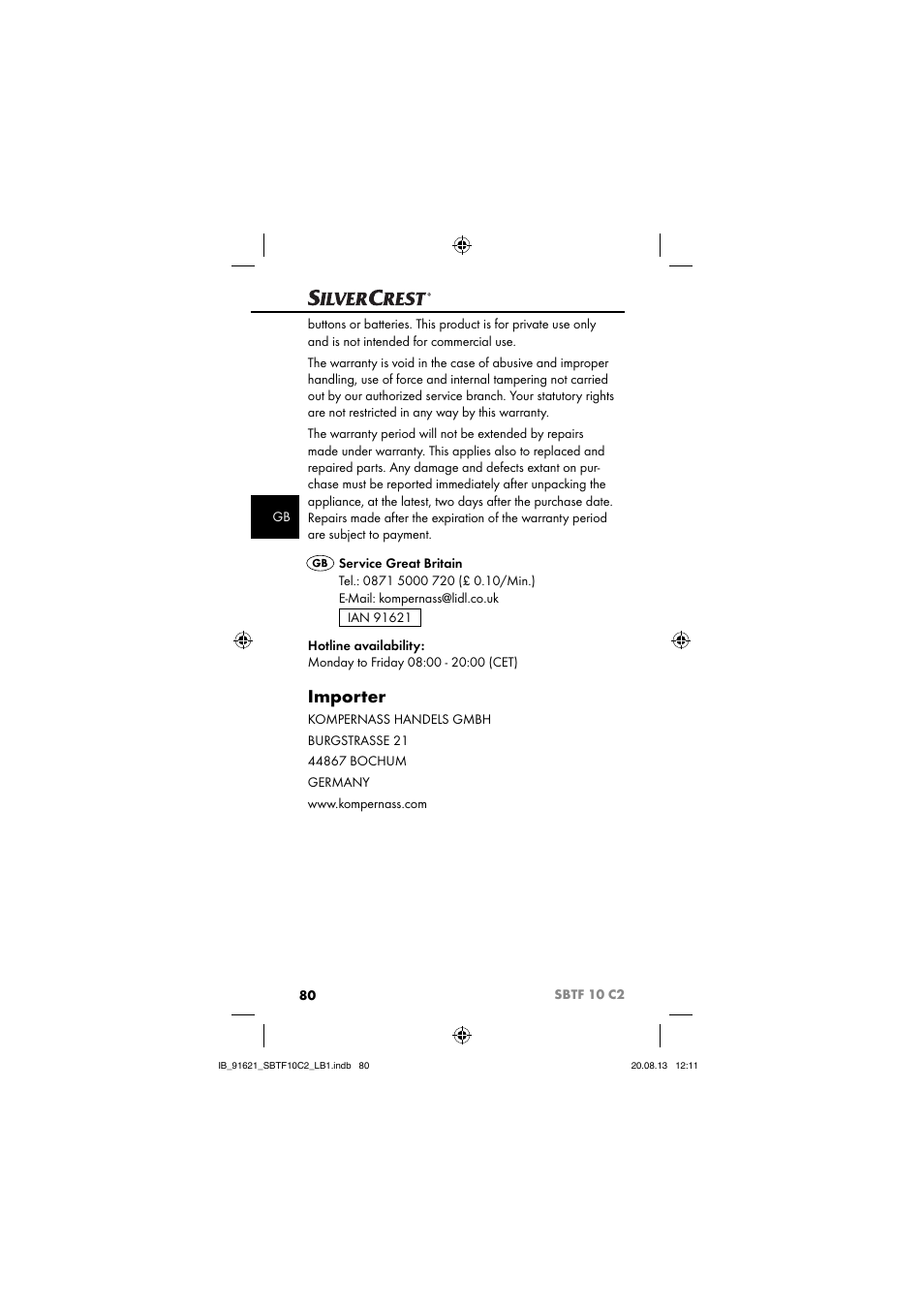 Importer | Silvercrest SBTF 10 C2 User Manual | Page 83 / 86