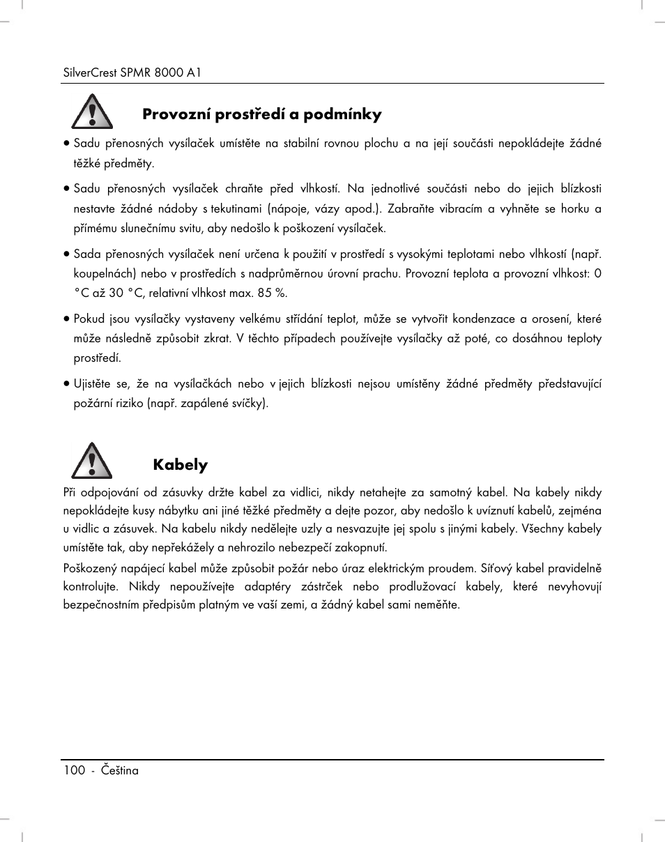 Provozní prostředí a podmínky, Kabely | Silvercrest SPMR 8000 A1 User Manual | Page 102 / 184