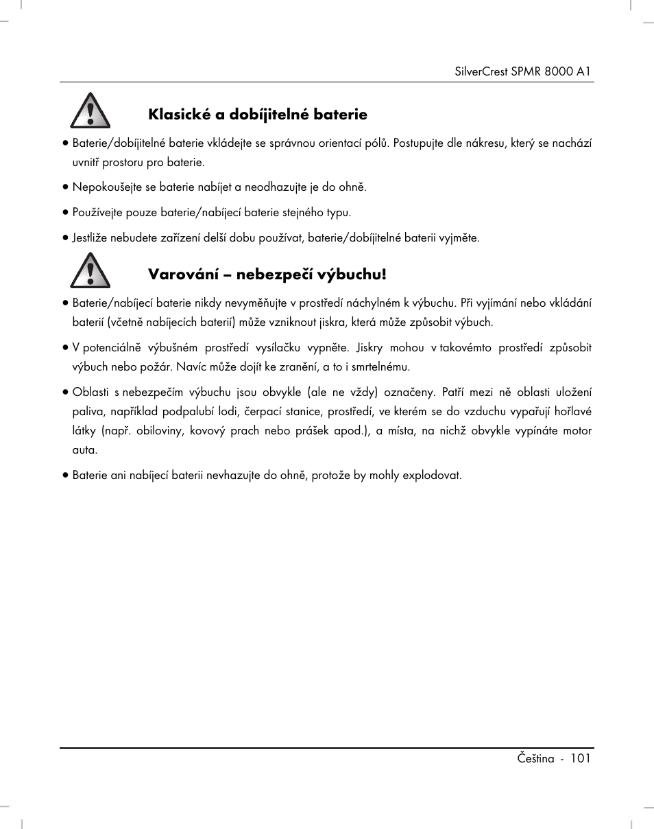 Klasické a dobíjitelné baterie, Varování – nebezpečí výbuchu | Silvercrest SPMR 8000 A1 User Manual | Page 103 / 184