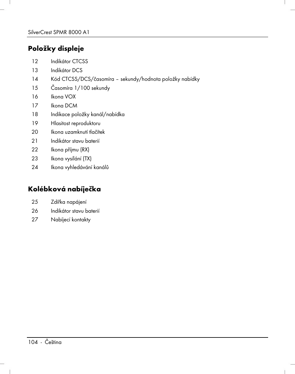 Položky displeje, Kolébková nabíječka | Silvercrest SPMR 8000 A1 User Manual | Page 106 / 184
