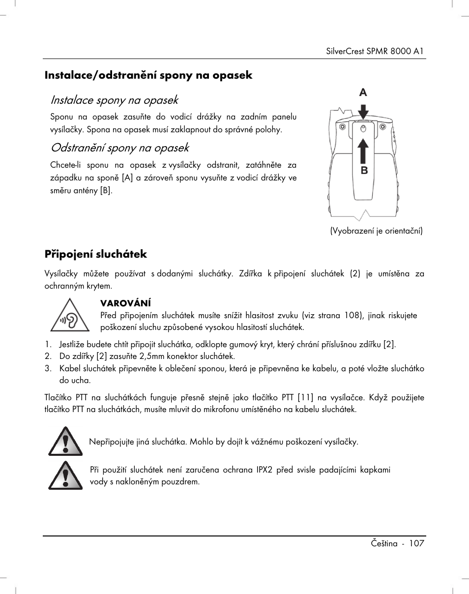 Instalace spony na opasek, Odstranění spony na opasek, Instalace/odstranění spony na opasek | Připojení sluchátek | Silvercrest SPMR 8000 A1 User Manual | Page 109 / 184