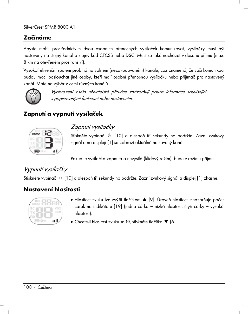 Zapnutí vysílačky, Vypnutí vysílačky | Silvercrest SPMR 8000 A1 User Manual | Page 110 / 184