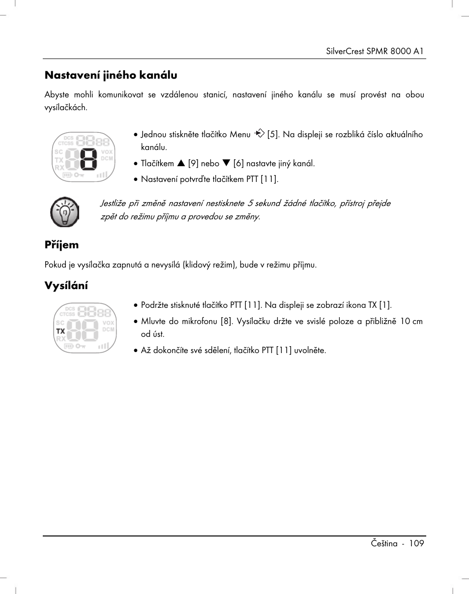 Nastavení jiného kanálu, Příjem, Vysílání | Silvercrest SPMR 8000 A1 User Manual | Page 111 / 184