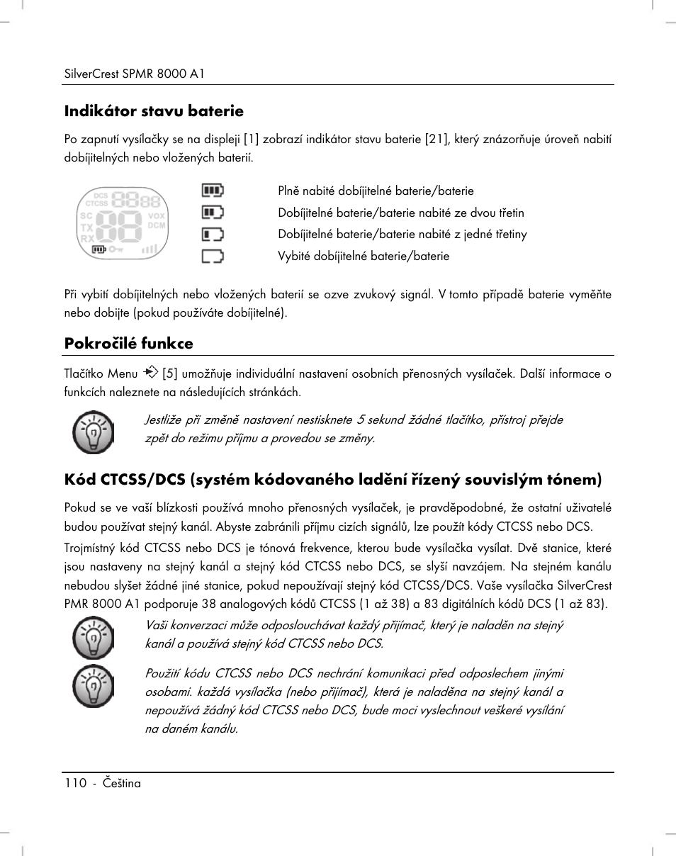 Indikátor stavu baterie, Pokročilé funkce | Silvercrest SPMR 8000 A1 User Manual | Page 112 / 184