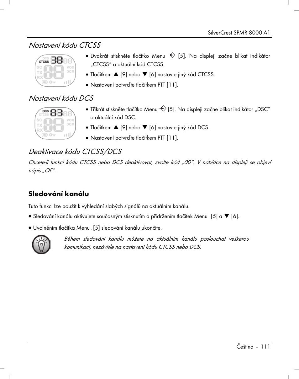 Nastavení kódu ctcss, Nastavení kódu dcs, Deaktivace kódu ctcss/dcs | Silvercrest SPMR 8000 A1 User Manual | Page 113 / 184