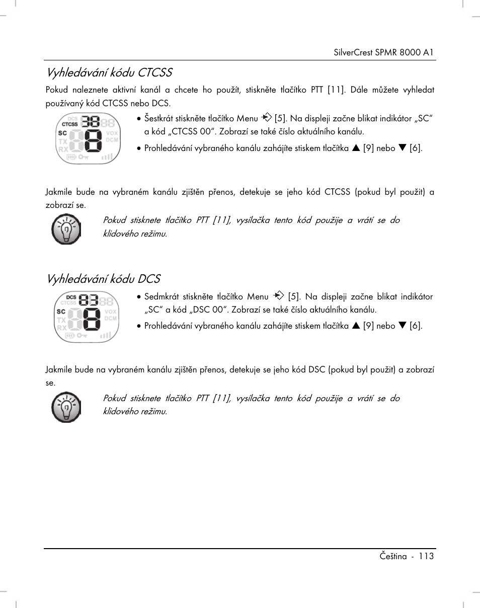 Vyhledávání kódu ctcss, Vyhledávání kódu dcs | Silvercrest SPMR 8000 A1 User Manual | Page 115 / 184