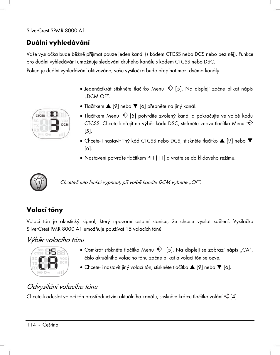 Výběr volacího tónu, Odvysílání volacího tónu | Silvercrest SPMR 8000 A1 User Manual | Page 116 / 184