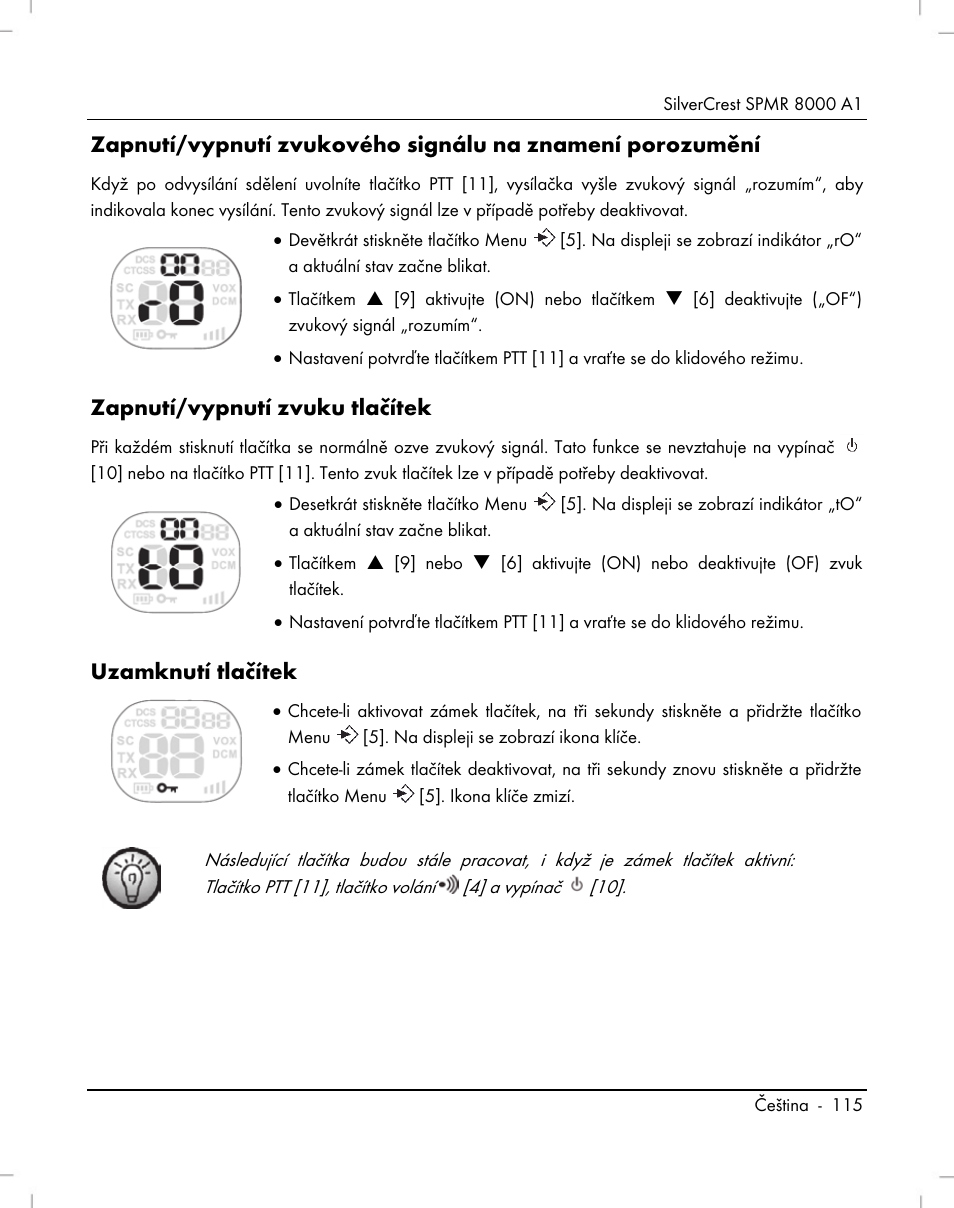 Zapnutí/vypnutí zvuku tlačítek, Uzamknutí tlačítek | Silvercrest SPMR 8000 A1 User Manual | Page 117 / 184