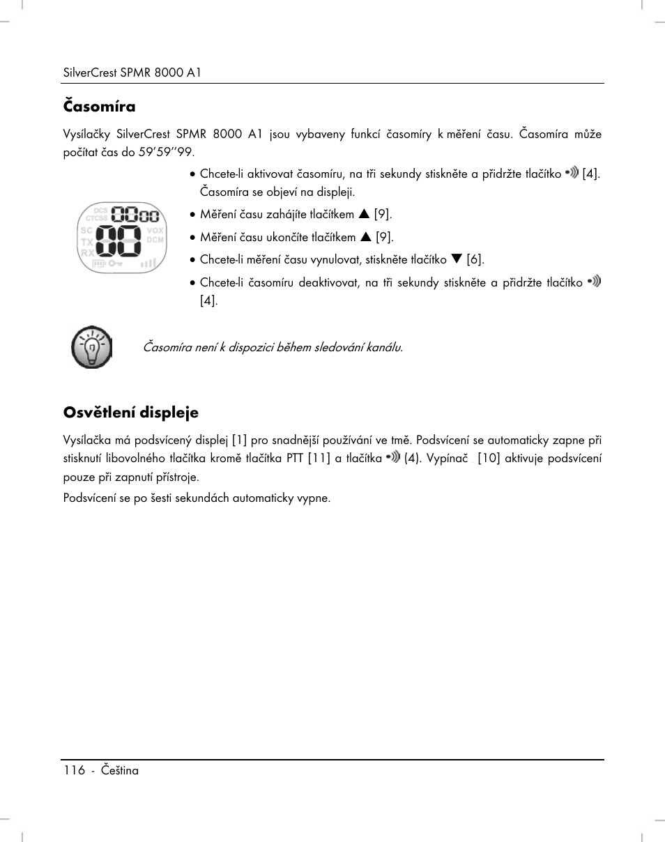Časomíra, Osvětlení displeje | Silvercrest SPMR 8000 A1 User Manual | Page 118 / 184