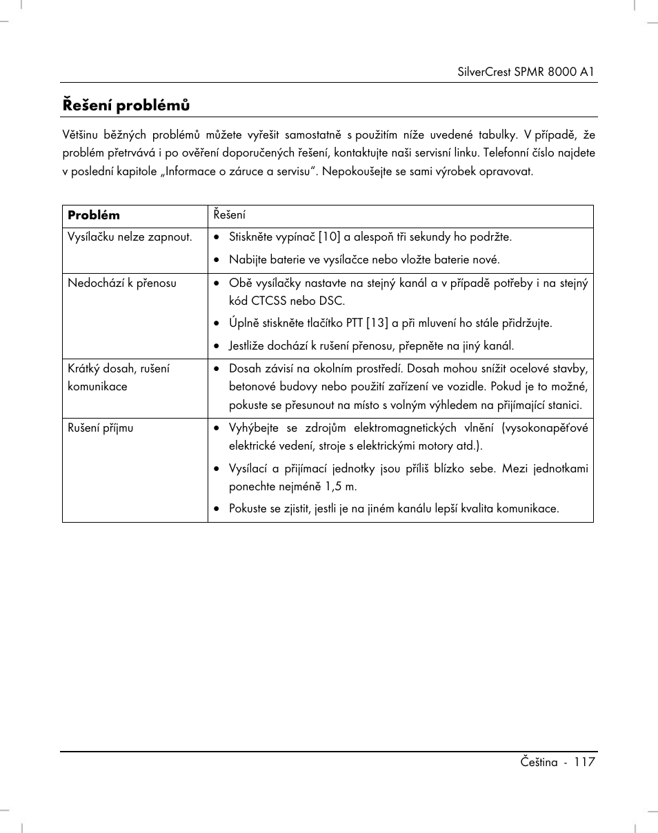 Řešení problémů | Silvercrest SPMR 8000 A1 User Manual | Page 119 / 184