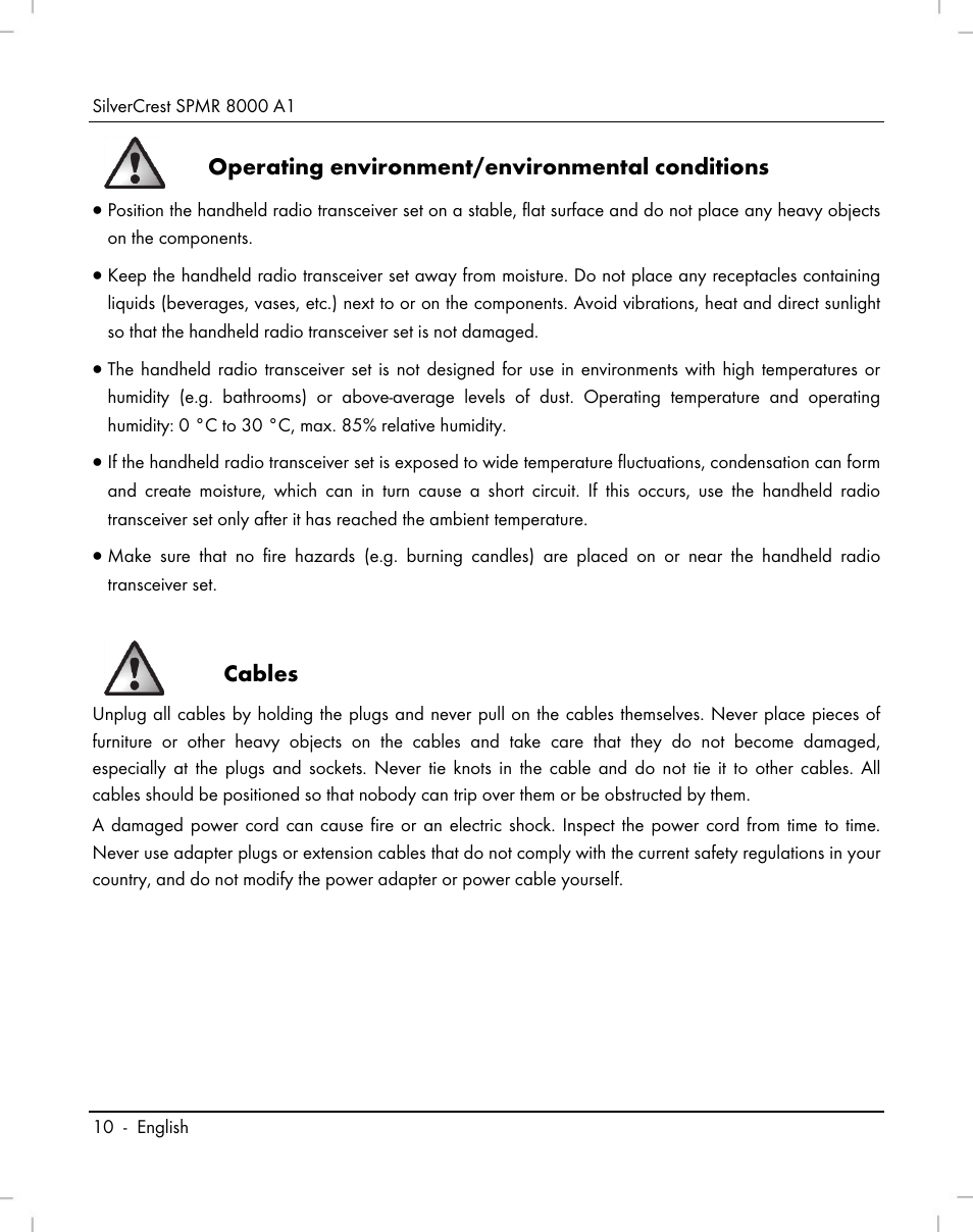 Operating environment/environmental conditions, Cables | Silvercrest SPMR 8000 A1 User Manual | Page 12 / 184