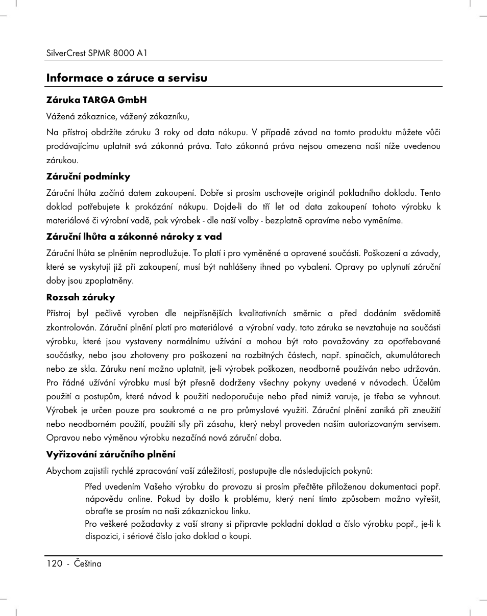 Informace o záruce a servisu | Silvercrest SPMR 8000 A1 User Manual | Page 122 / 184