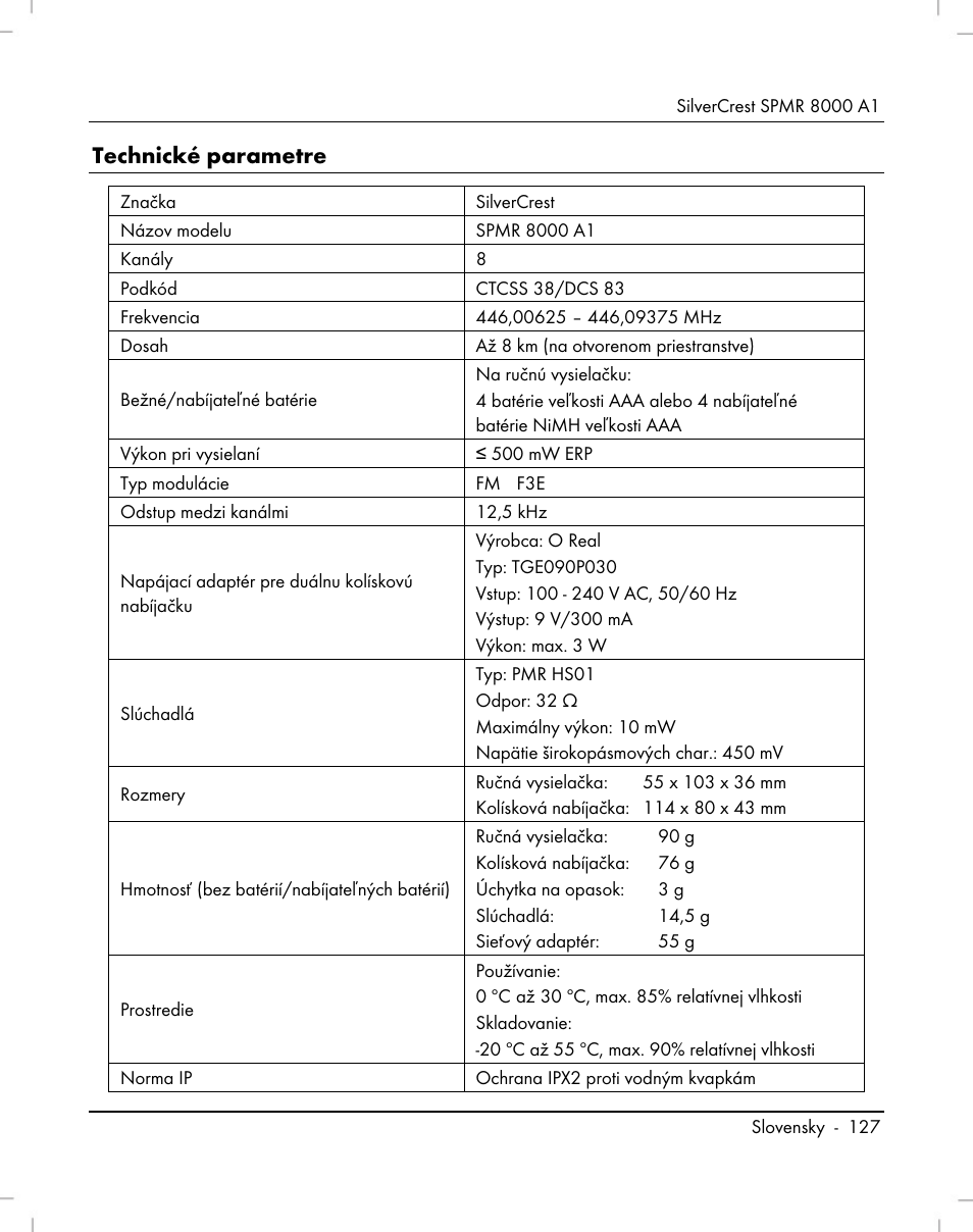 Technické parametre | Silvercrest SPMR 8000 A1 User Manual | Page 129 / 184