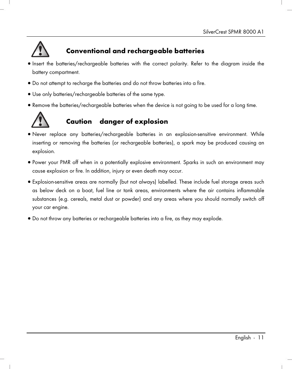 Conventional and rechargeable batteries, Caution – danger of explosion | Silvercrest SPMR 8000 A1 User Manual | Page 13 / 184