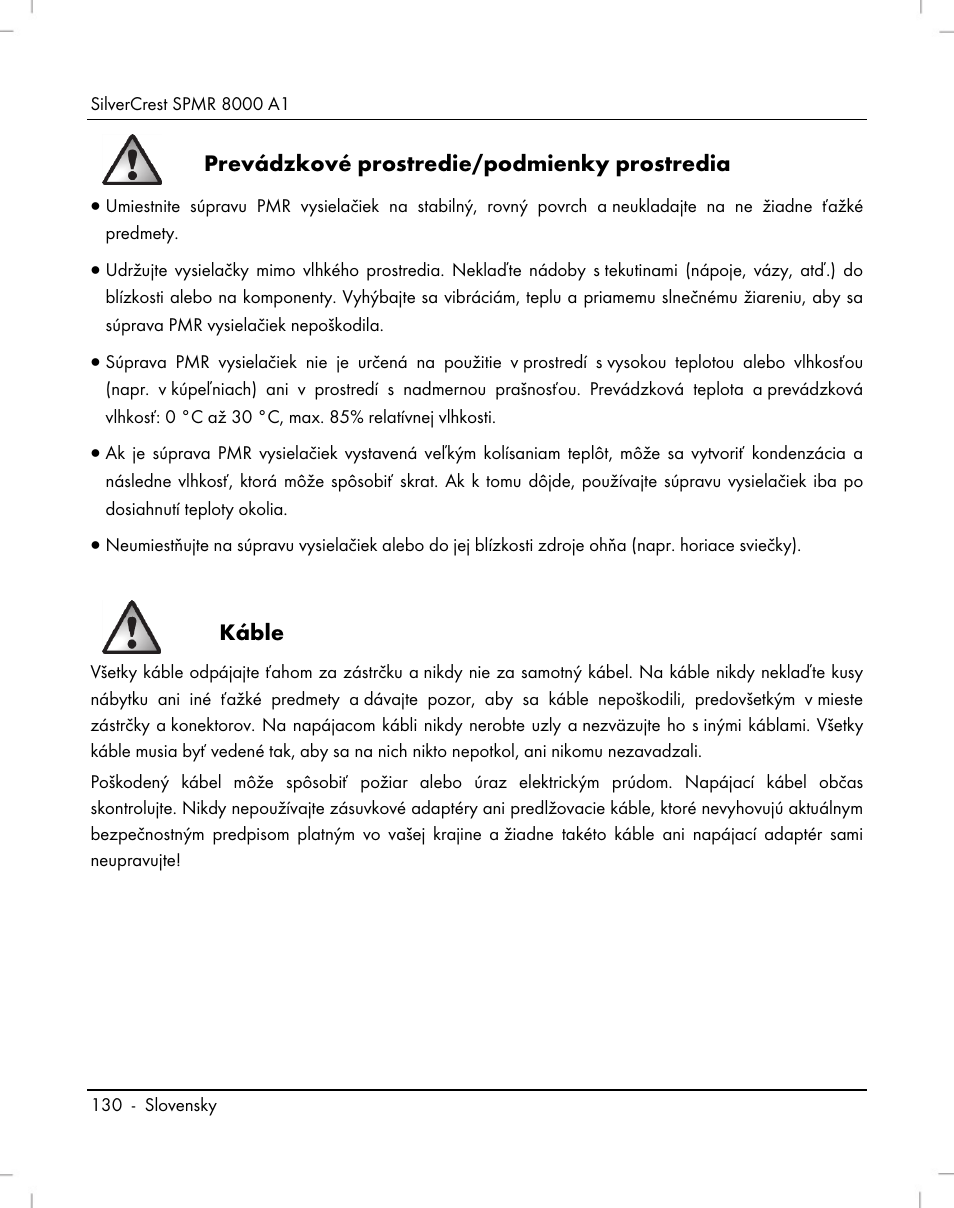 Prevádzkové prostredie/podmienky prostredia, Káble | Silvercrest SPMR 8000 A1 User Manual | Page 132 / 184