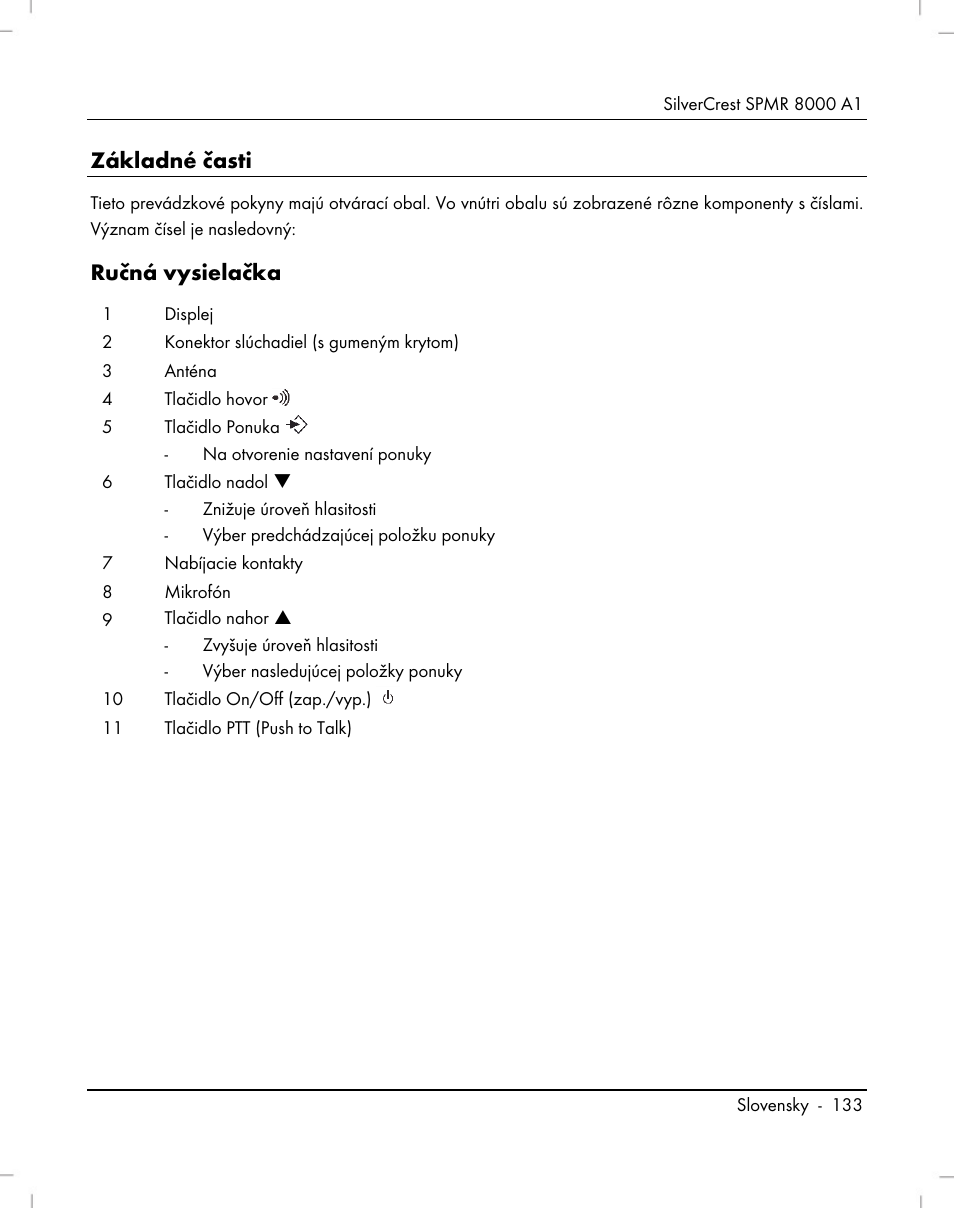 Základné časti, Ručná vysielačka | Silvercrest SPMR 8000 A1 User Manual | Page 135 / 184