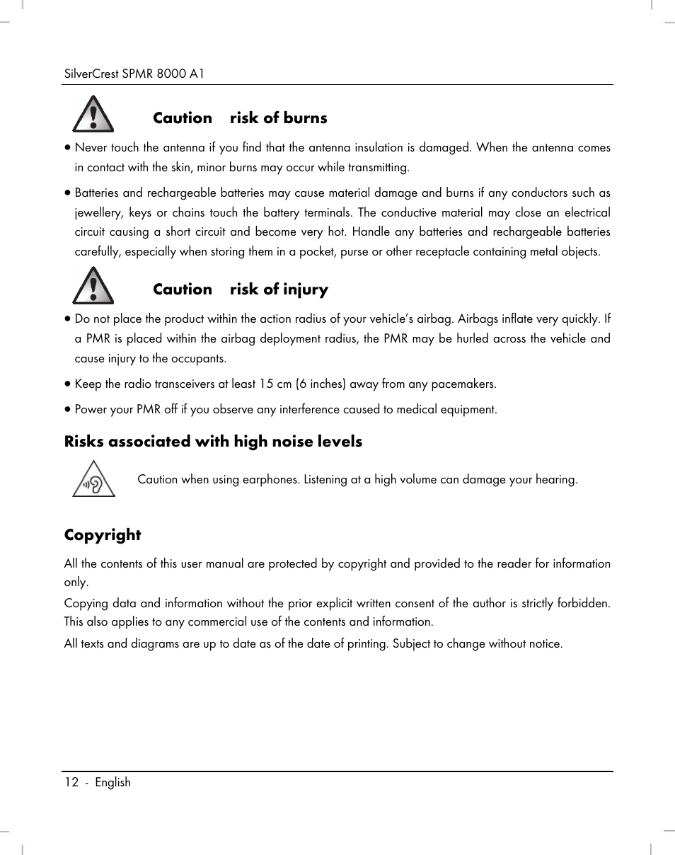 Caution – risk of burns, Caution – risk of injury, Risks associated with high noise levels | Copyright | Silvercrest SPMR 8000 A1 User Manual | Page 14 / 184