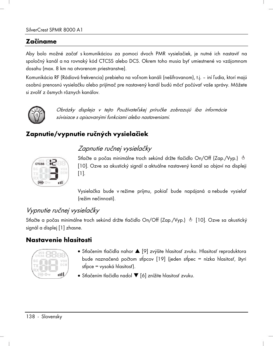 Zapnutie ručnej vysielačky, Vypnutie ručnej vysielačky | Silvercrest SPMR 8000 A1 User Manual | Page 140 / 184