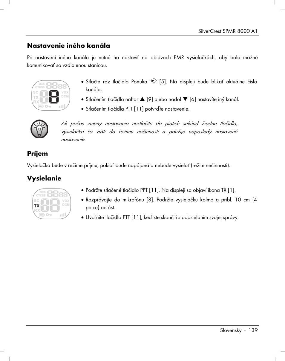 Nastavenie iného kanála, Príjem, Vysielanie | Silvercrest SPMR 8000 A1 User Manual | Page 141 / 184