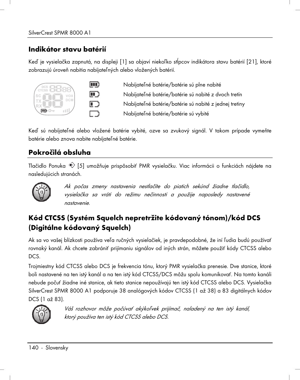 Indikátor stavu batérií, Pokročilá obsluha | Silvercrest SPMR 8000 A1 User Manual | Page 142 / 184