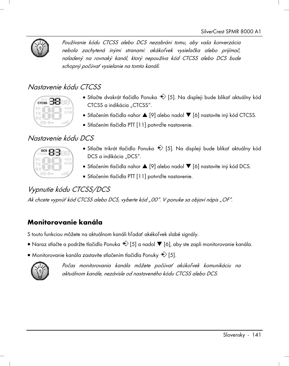 Nastavenie kódu ctcss, Nastavenie kódu dcs, Vypnutie kódu ctcss/dcs | Silvercrest SPMR 8000 A1 User Manual | Page 143 / 184
