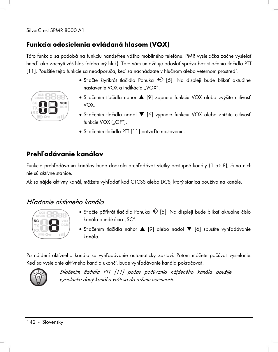 Hľadanie aktívneho kanála, Funkcia odosielania ovládaná hlasom (vox), Prehľadávanie kanálov | Silvercrest SPMR 8000 A1 User Manual | Page 144 / 184