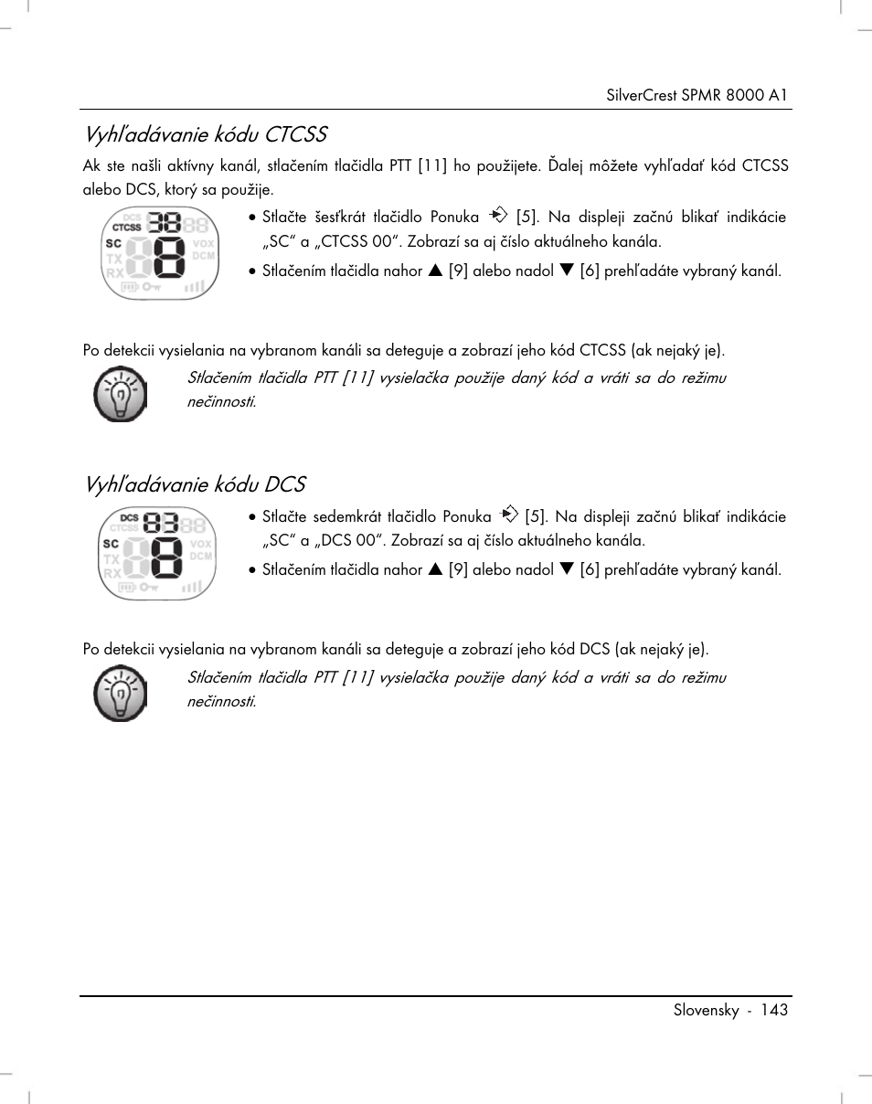 Vyhľadávanie kódu ctcss, Vyhľadávanie kódu dcs | Silvercrest SPMR 8000 A1 User Manual | Page 145 / 184