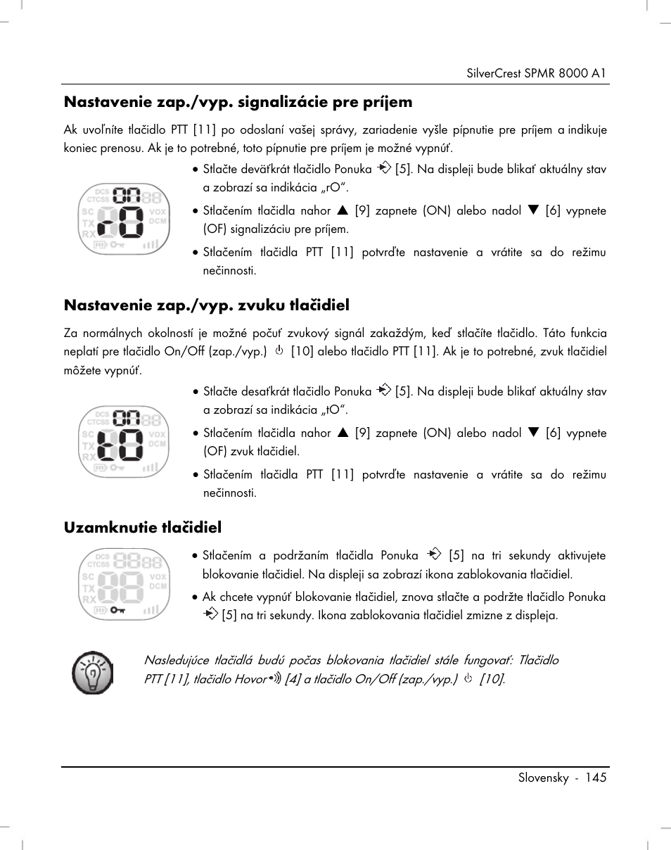 Nastavenie zap./vyp. signalizácie pre príjem, Nastavenie zap./vyp. zvuku tlačidiel, Uzamknutie tlačidiel | Silvercrest SPMR 8000 A1 User Manual | Page 147 / 184