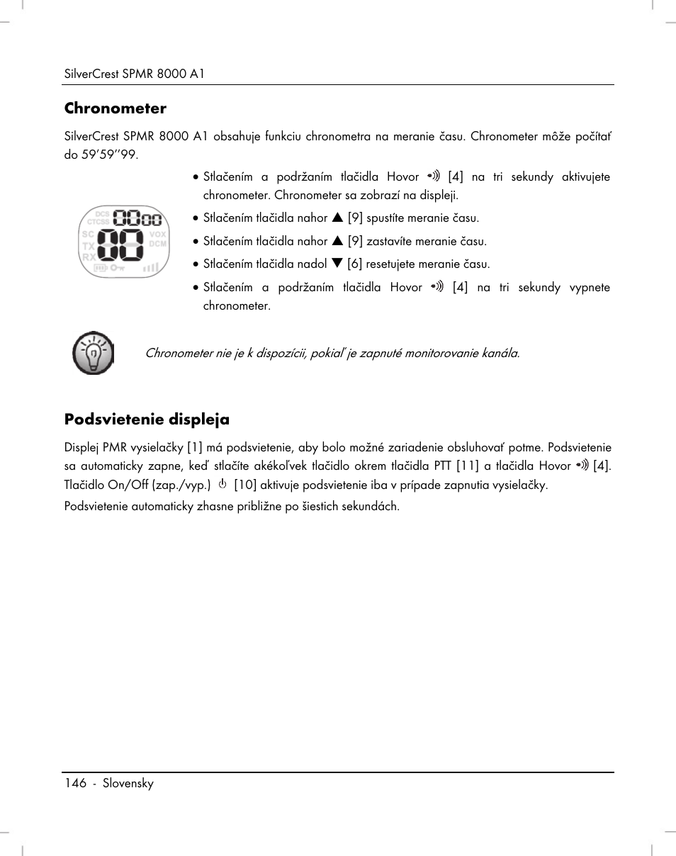 Chronometer, Podsvietenie displeja | Silvercrest SPMR 8000 A1 User Manual | Page 148 / 184