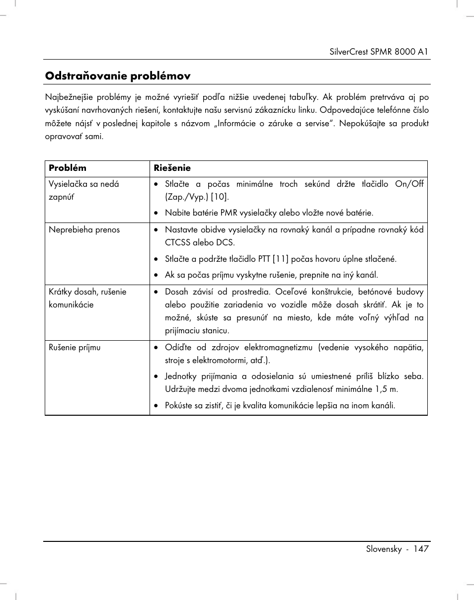 Odstraňovanie problémov | Silvercrest SPMR 8000 A1 User Manual | Page 149 / 184