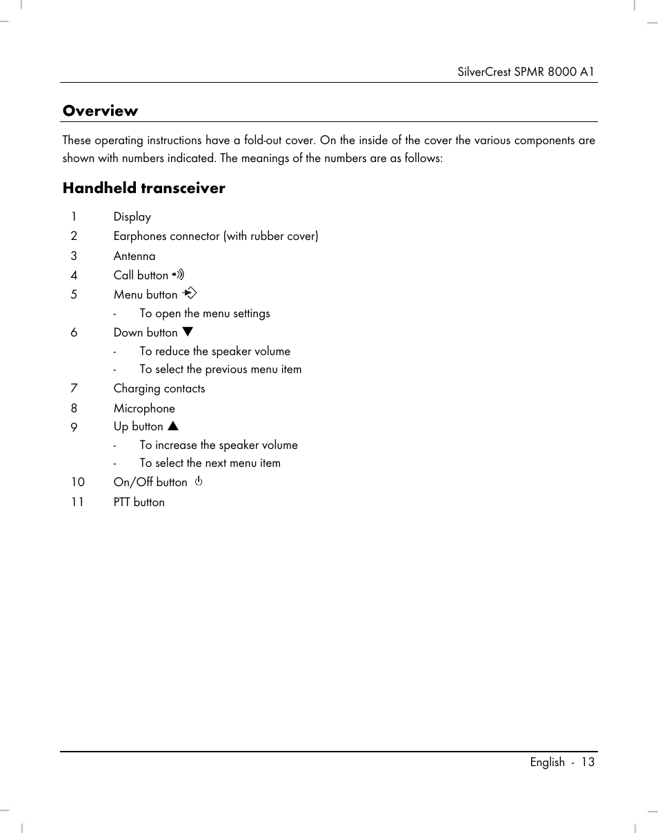 Overview, Handheld transceiver | Silvercrest SPMR 8000 A1 User Manual | Page 15 / 184