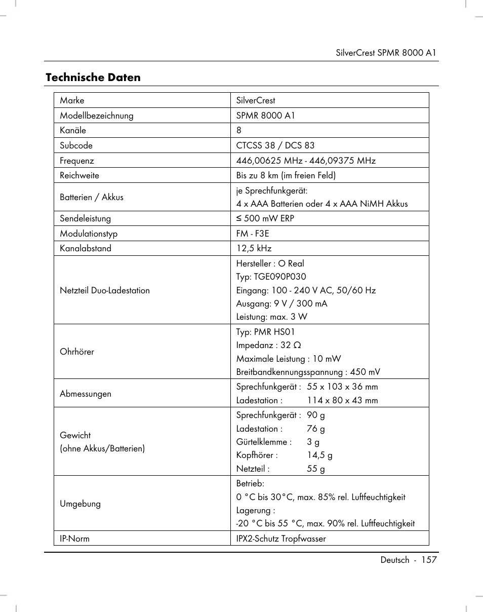 Technische daten | Silvercrest SPMR 8000 A1 User Manual | Page 159 / 184