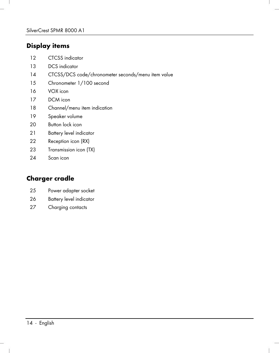 Display items, Charger cradle | Silvercrest SPMR 8000 A1 User Manual | Page 16 / 184
