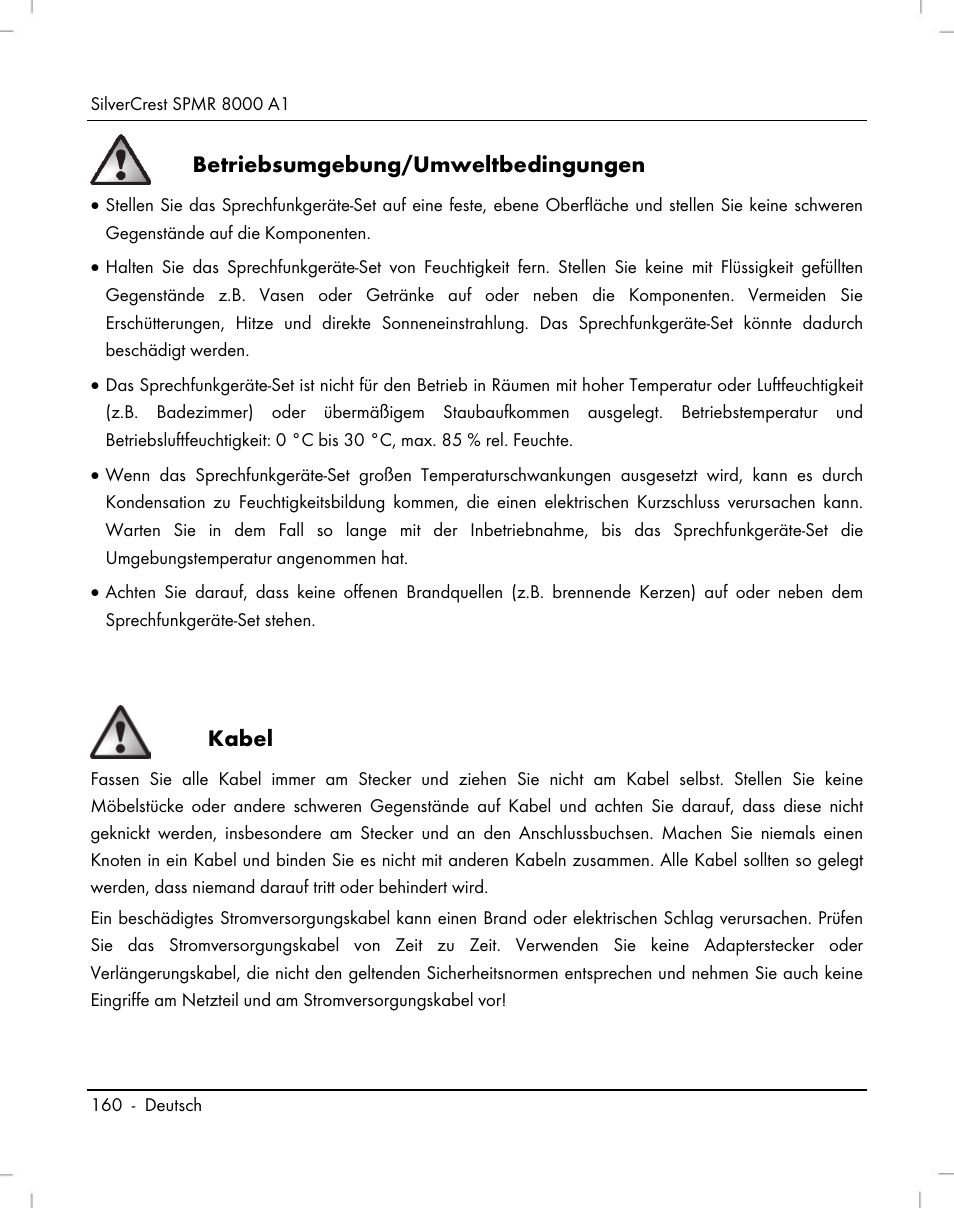 Betriebsumgebung/umweltbedingungen, Kabel | Silvercrest SPMR 8000 A1 User Manual | Page 162 / 184