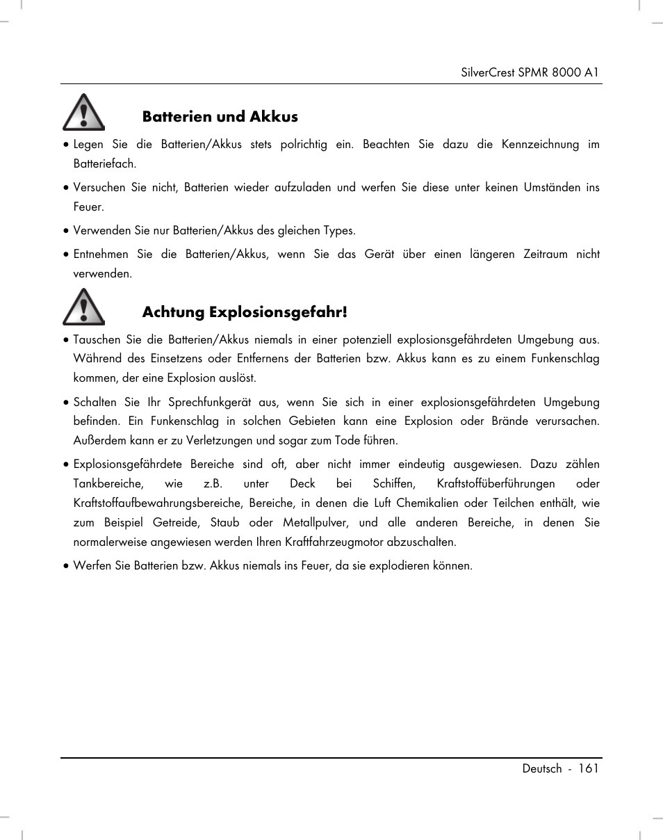 Batterien und akkus, Achtung explosionsgefahr | Silvercrest SPMR 8000 A1 User Manual | Page 163 / 184