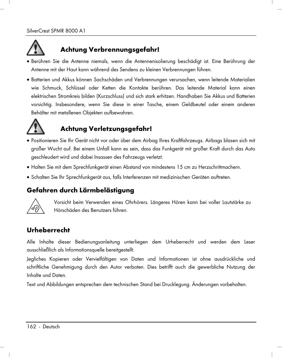 Achtung verbrennungsgefahr, Achtung verletzungsgefahr, Gefahren durch lärmbelästigung | Urheberrecht | Silvercrest SPMR 8000 A1 User Manual | Page 164 / 184