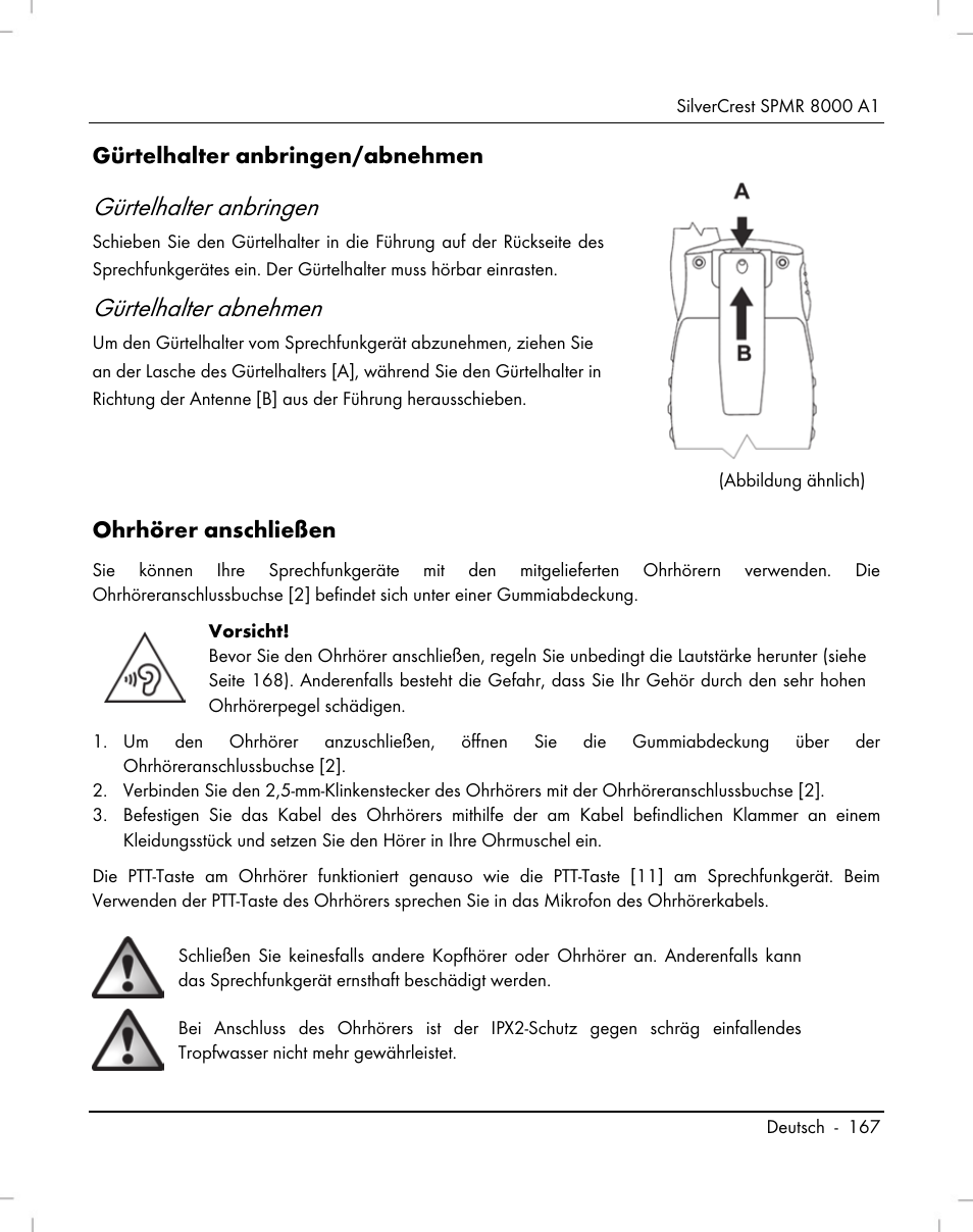 Gürtelhalter anbringen, Gürtelhalter abnehmen, Gürtelhalter anbringen/abnehmen | Ohrhörer anschließen | Silvercrest SPMR 8000 A1 User Manual | Page 169 / 184