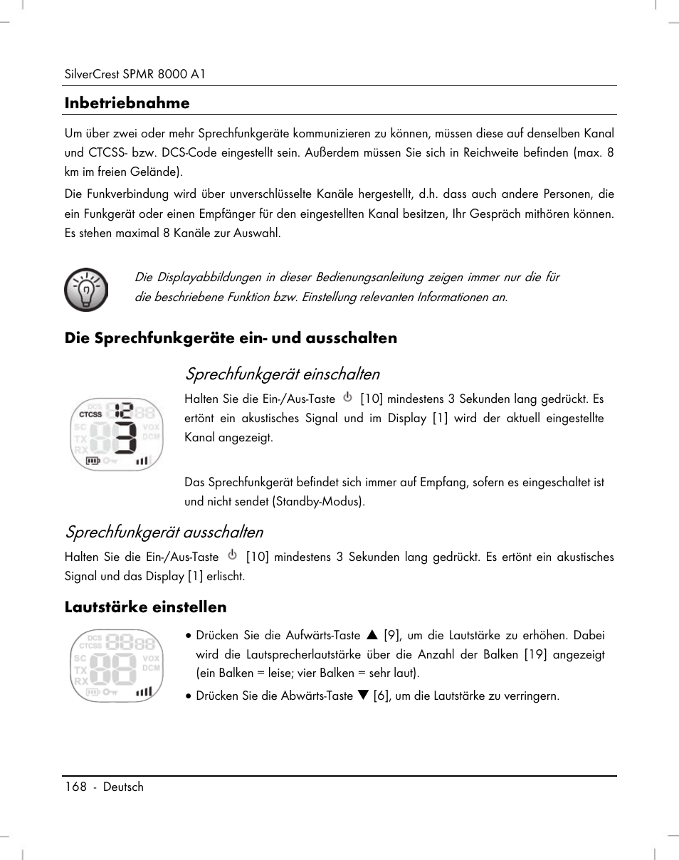 Sprechfunkgerät einschalten, Sprechfunkgerät ausschalten | Silvercrest SPMR 8000 A1 User Manual | Page 170 / 184
