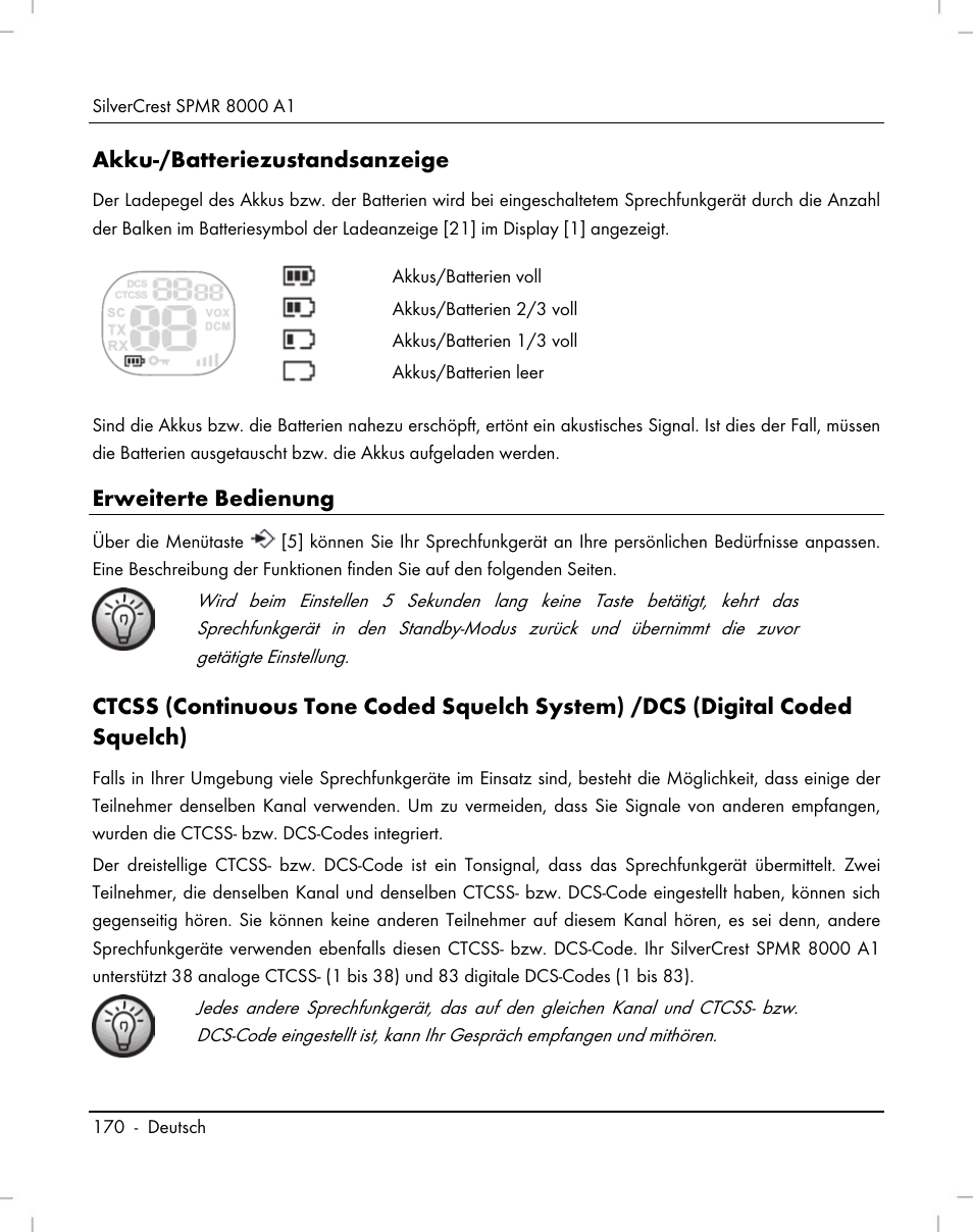 Akku-/batteriezustandsanzeige, Erweiterte bedienung | Silvercrest SPMR 8000 A1 User Manual | Page 172 / 184