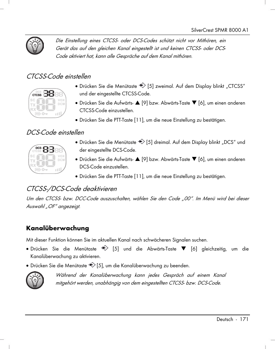 Ctcss-code einstellen, Dcs-code einstellen, Ctcss-/dcs-code deaktivieren | Silvercrest SPMR 8000 A1 User Manual | Page 173 / 184