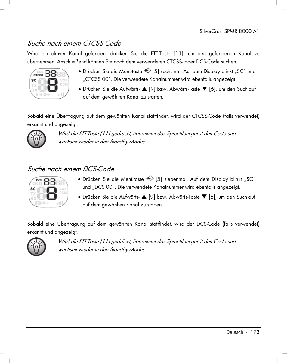 Suche nach einem ctcss-code, Suche nach einem dcs-code | Silvercrest SPMR 8000 A1 User Manual | Page 175 / 184
