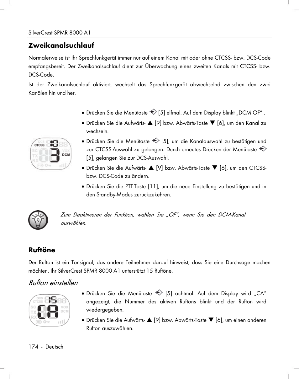 Rufton einstellen, Zweikanalsuchlauf, Ruftöne | Silvercrest SPMR 8000 A1 User Manual | Page 176 / 184