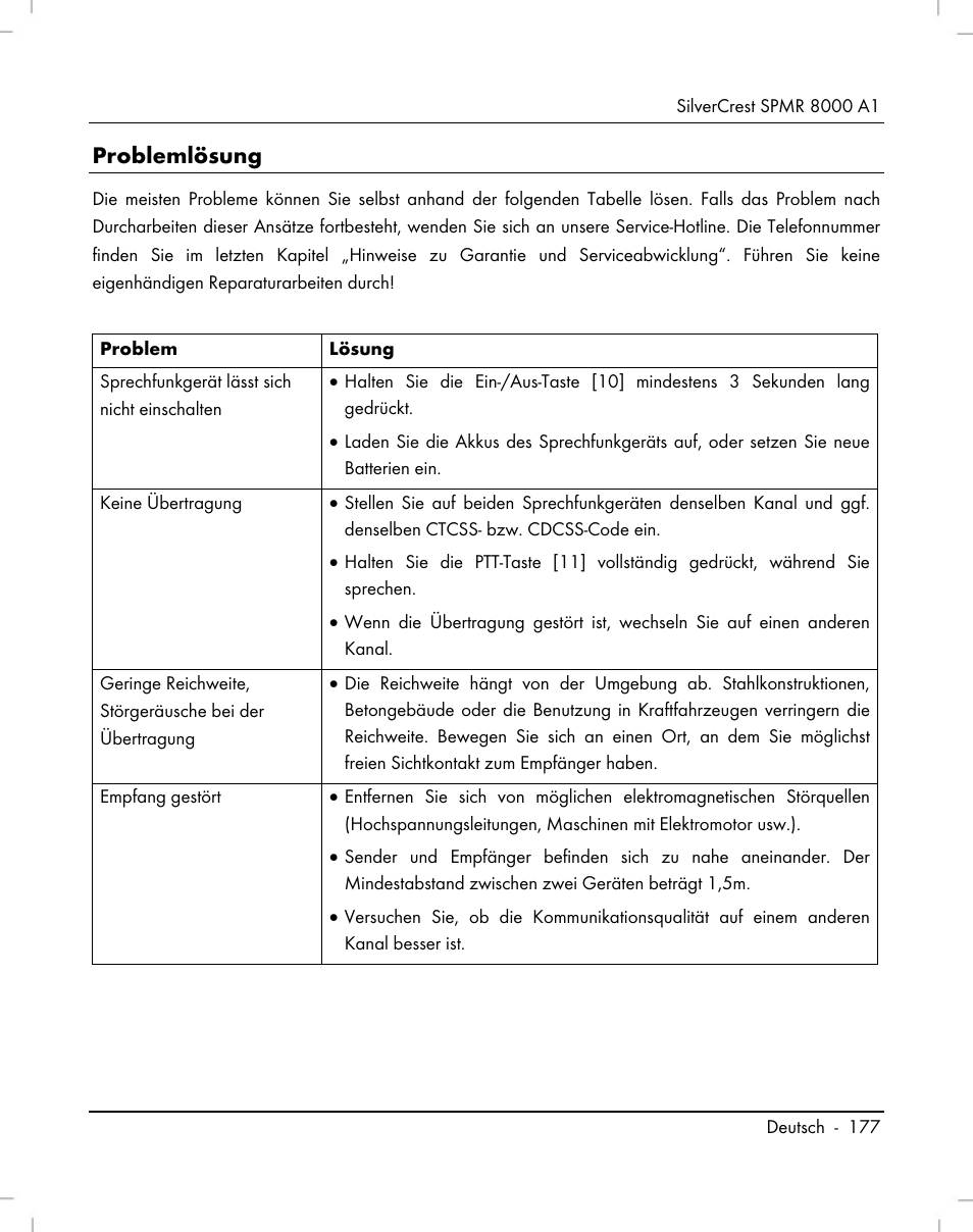 Problemlösung | Silvercrest SPMR 8000 A1 User Manual | Page 179 / 184