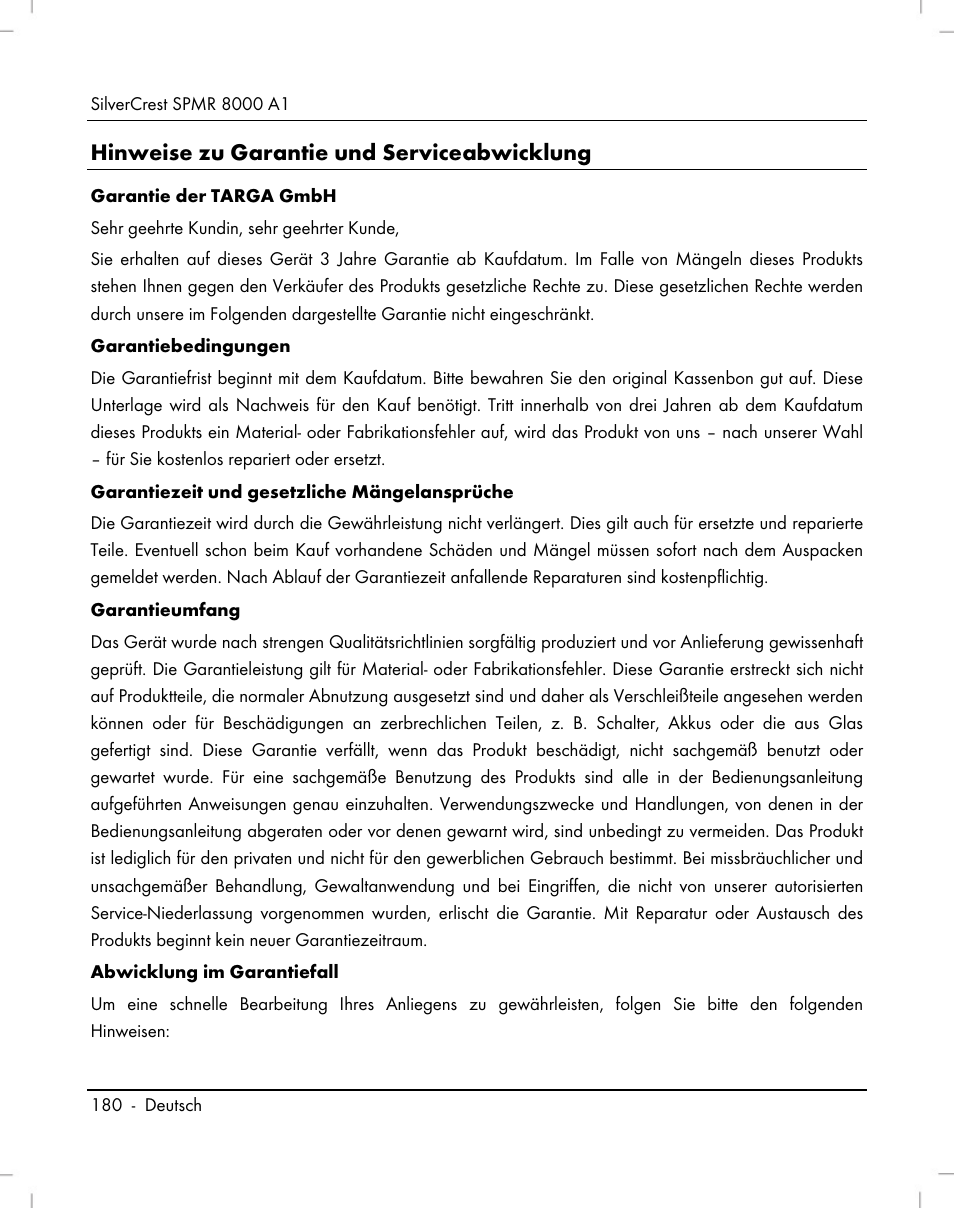 Hinweise zu garantie und serviceabwicklung | Silvercrest SPMR 8000 A1 User Manual | Page 182 / 184
