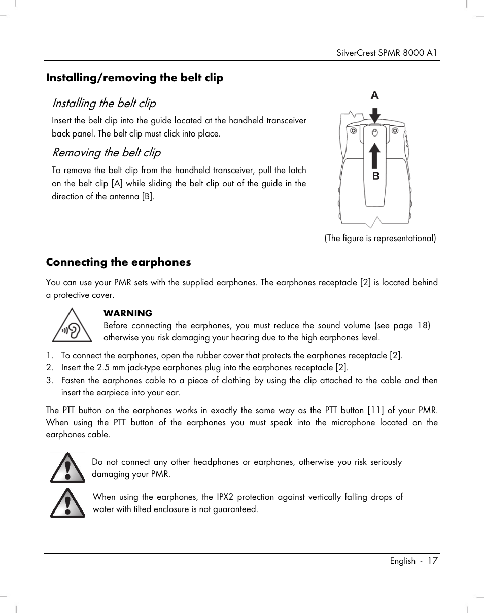 Installing the belt clip, Removing the belt clip, Installing/removing the belt clip | Connecting the earphones | Silvercrest SPMR 8000 A1 User Manual | Page 19 / 184
