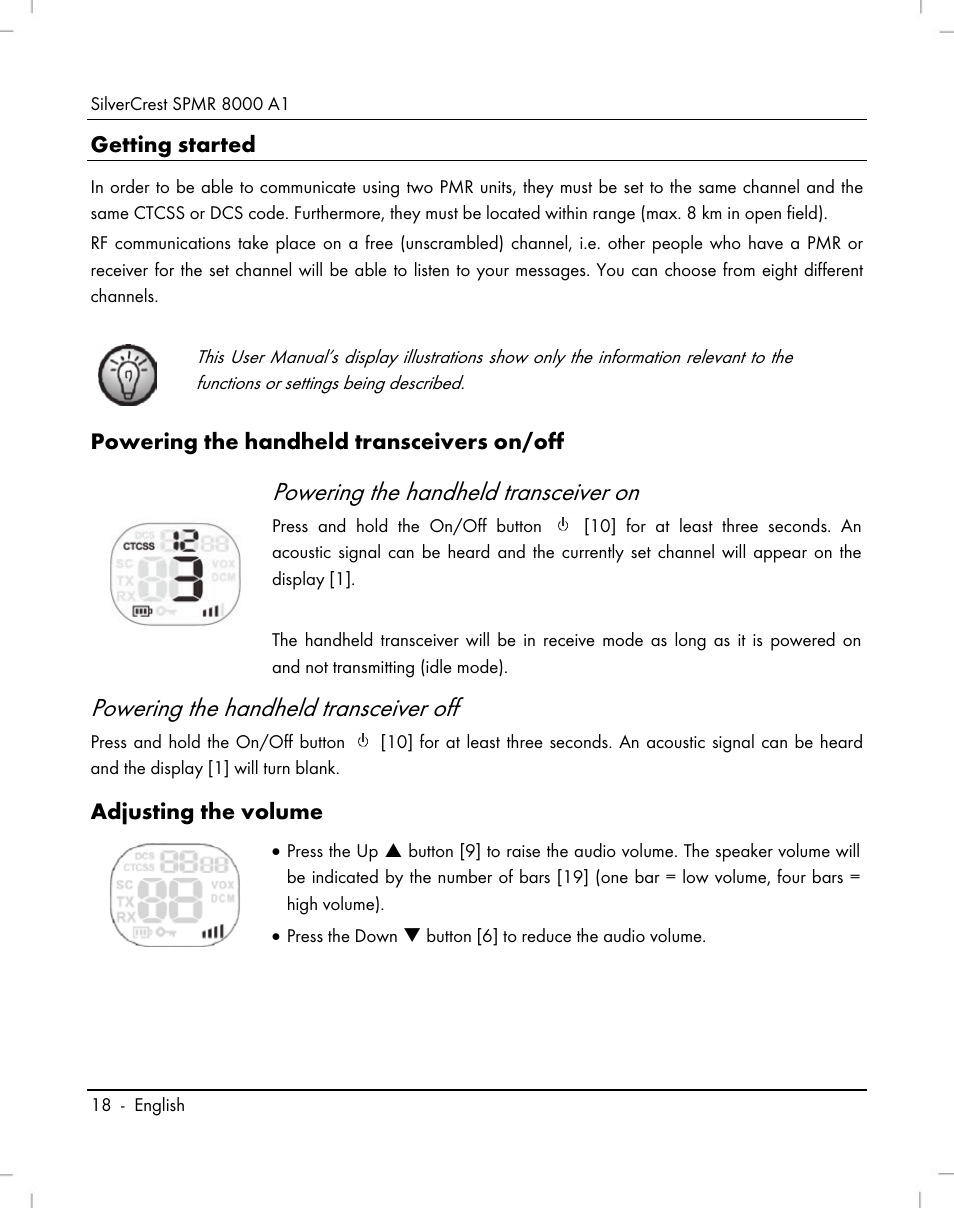 Powering the handheld transceiver on, Powering the handheld transceiver off | Silvercrest SPMR 8000 A1 User Manual | Page 20 / 184