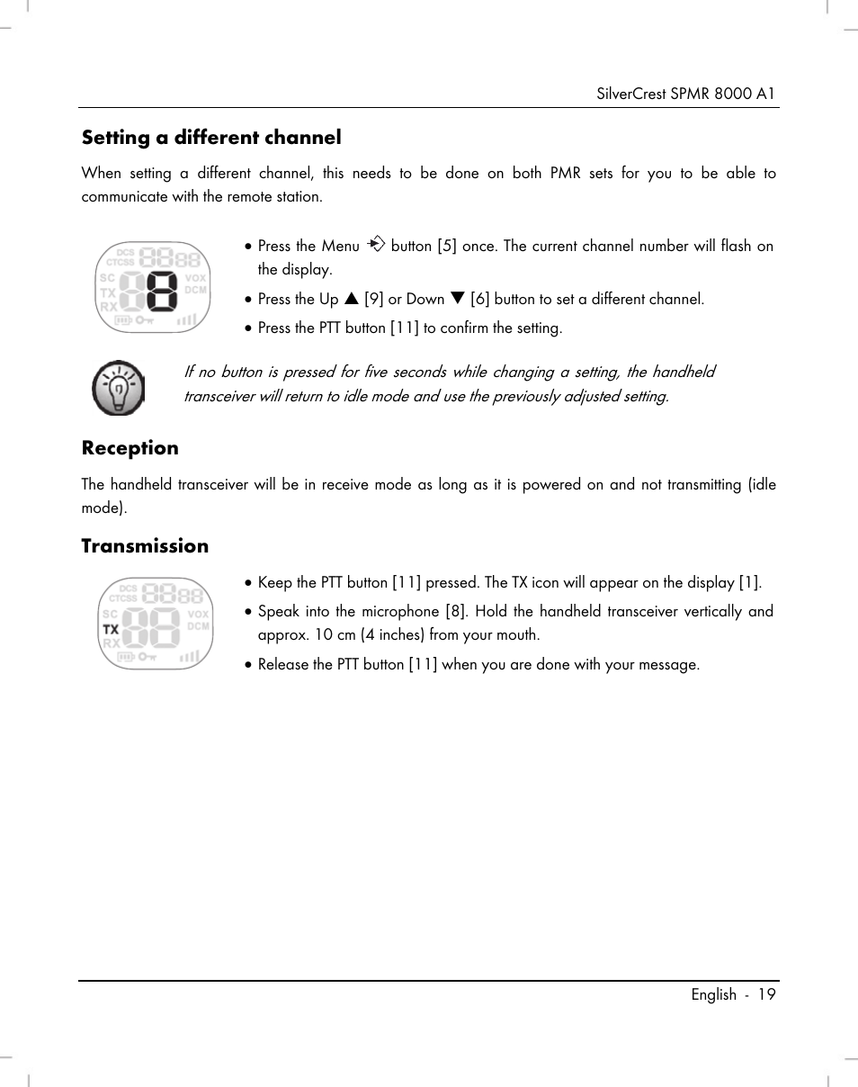Setting a different channel, Reception, Transmission | Silvercrest SPMR 8000 A1 User Manual | Page 21 / 184
