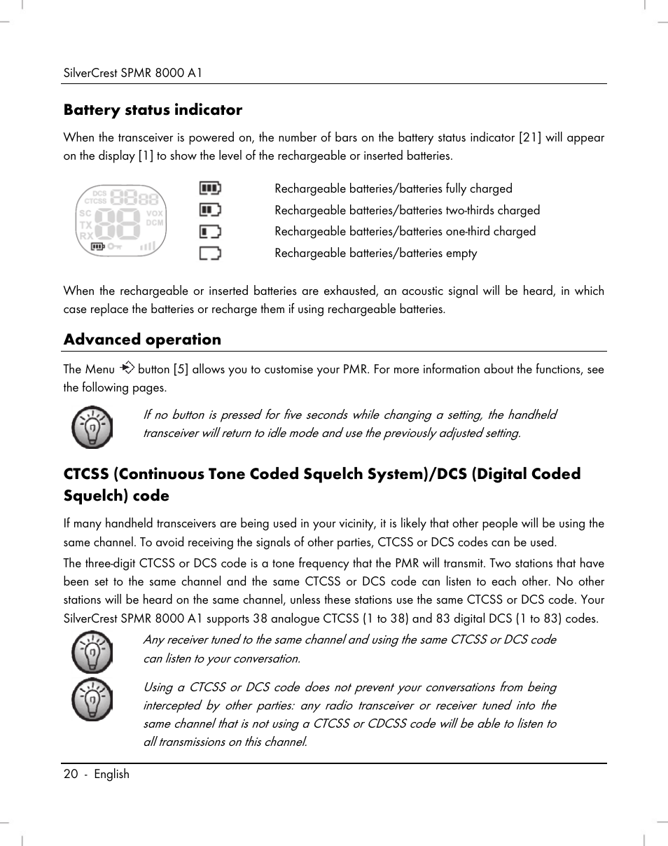 Battery status indicator, Advanced operation | Silvercrest SPMR 8000 A1 User Manual | Page 22 / 184