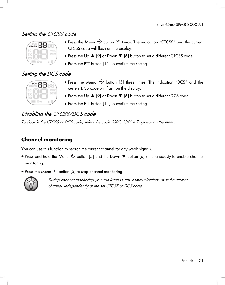 Setting the ctcss code, Setting the dcs code, Disabling the ctcss/dcs code | Silvercrest SPMR 8000 A1 User Manual | Page 23 / 184