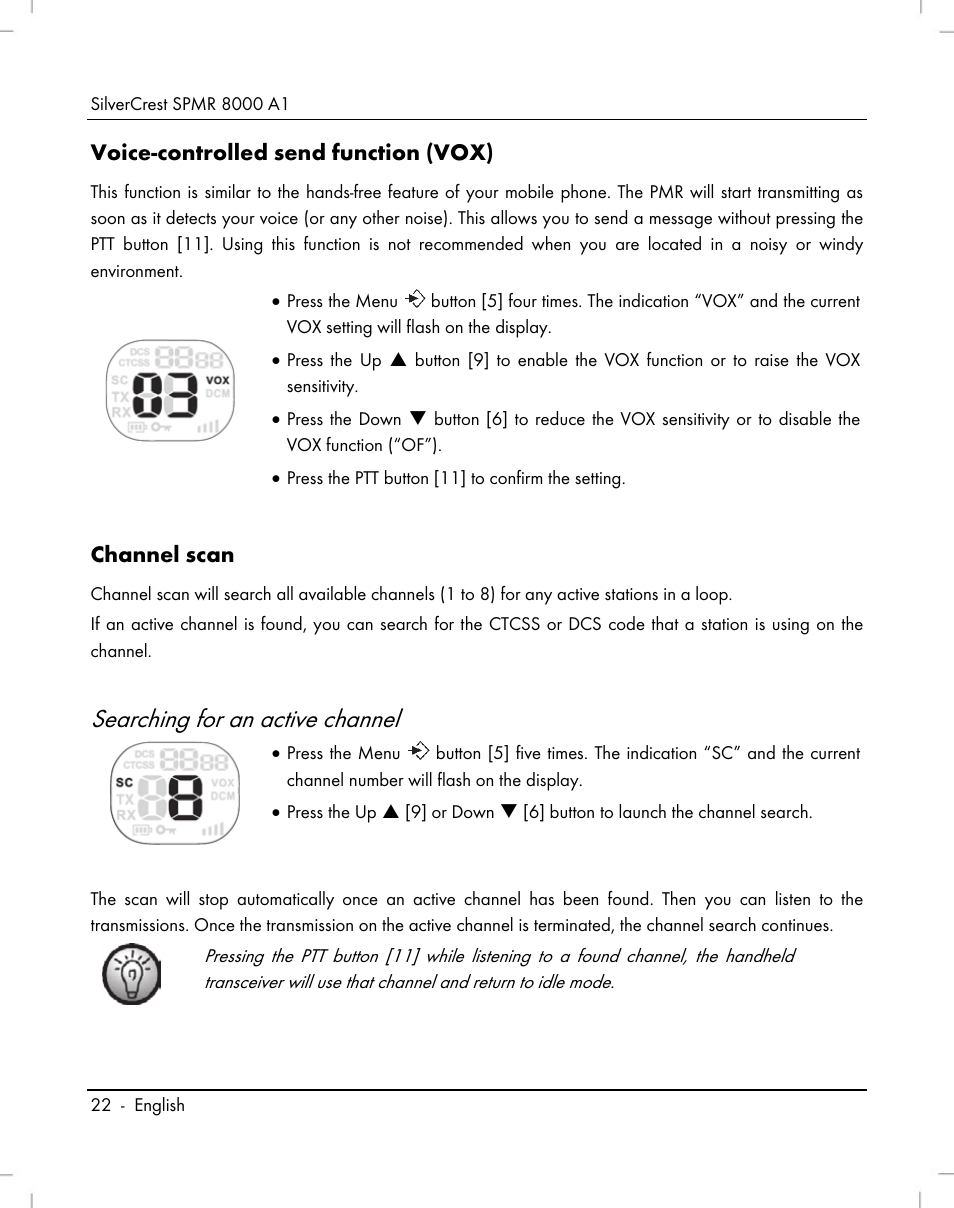 Searching for an active channel, Voice-controlled send function (vox), Channel scan | Silvercrest SPMR 8000 A1 User Manual | Page 24 / 184